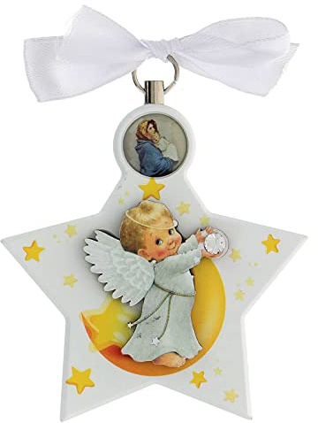 Holyart Medaillons für die Kinderwiege: Schutzengel-Medaillon für Kinderbett, weiß, Sternform, mit Schleife