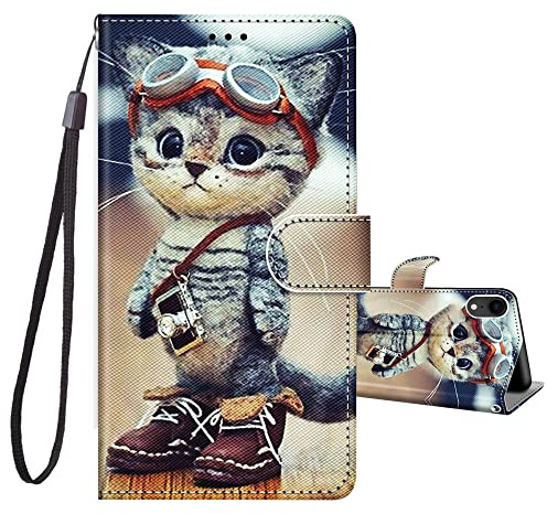JRIANY Wallet Flip Case for iPhone XR with Card Holder, Cat C | PU Leather Phone Case with Card Slots, Cute Pattern Animal Design, Shockproof Protective Cover, Wrist Strap, Magnetic Closure