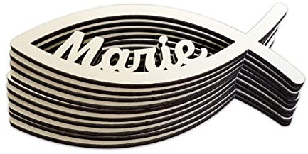 Holzura Tischdeko aus Holz, Set aus 10 Fischen für Jungen und Mädchen, Fisch mit Name, Streuartikel zur Kommunion, Konfirmation, Taufe oder Geburt (Alpenweiß)