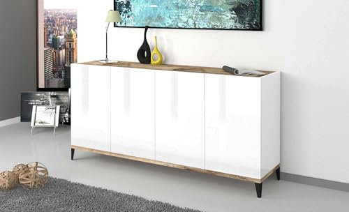 Dmora - Kommode Liam, Küchen-Sideboard mit 4 Türen, Wohnzimmer-Buffet, 100 % Made in Italy, 160 x 40 x 82 cm, glänzendes Weiß und Ahorn,