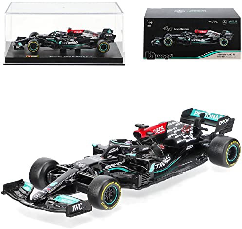 Mercedes-B AMG W12 E Performance Lewis Hamilton Nr 44 Formel 1 2021 mit Sockel und Vitrine 1/43 Burago Modell Auto