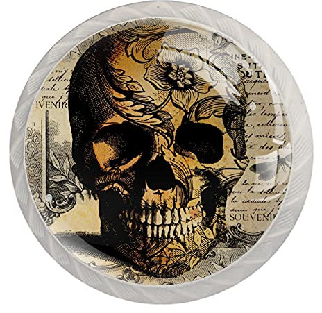 Vintage Old Boho Totenkopf auf Zeitung 4 Stück Türknauf Kommode Schublade Spind Ziehgriffe Schrank Schrankknöpfe mit Schrauben 35 mm