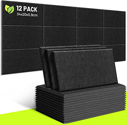 CAHAYA Lot de 12 panneaux acoustiques de 9 mm d'épaisseur rembourrés sans adhésif arrière 34 x 20 cm Panneau d'isolation acoustique Panneaux de réduction du bruit insonorisants CY0313-1 Black