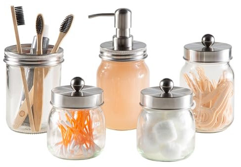 Mason Jar Bathroom Accessories Set – 5-Piece Bathroom Set with Toothbrush Holder, Soap Dispenser, Canister, and 2 Small Jars by Lavish Home (Black)