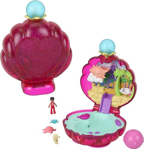 Polly Pocket Poupées et accessoires, coquillage de plage scintillant compact avec micro poupée et animal de compagnie, jouet de voyage avec jeu d'eau