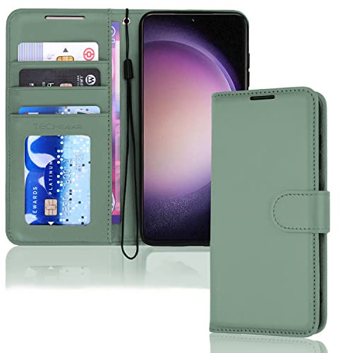 TECHGEAR Galaxy S23 Leather Wallet Case, Flip Protective Case Cover with Wallet Card Holder, Stand and Wrist Strap - Green PU Leather with Magnetic Closure Designed For Samsung Galaxy S23 / S23 5G