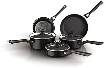 Ninja ZEROSTICK Classic 5-Piece Pan Set [CW55000UK] Aluminium Cookware, Induction Compatible, Dishwasher Safe, Oven Safe to 180°C, Glass Lids, Black