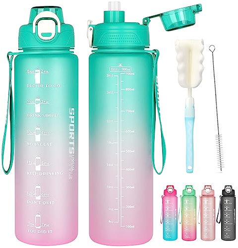 AOHAN Gourde Paille 1l, Bouteille d'eau Sans BPA, Motivation Gourde Sport avec Marquages de Temps, Bouteille Résistant aux Fuites Pour La Gym, L'École, Le Cyclisme