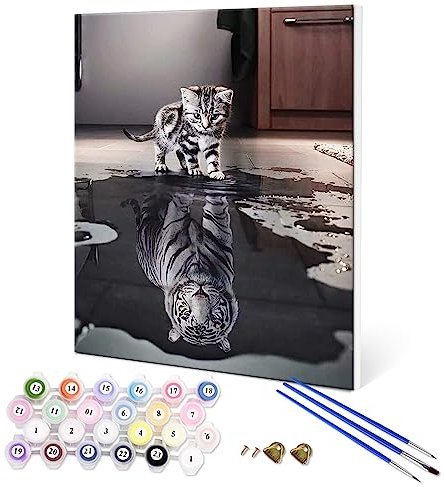 Fuumuui Malen Nach Zahlen Erwachsene und Kinder Anfänger Gemälde mit Rahmen inklusive Pinsel und Acrylfarben 40 x 50 cm - Tiere, Katze und Tiger