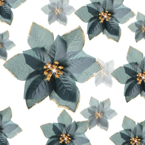 WILLBOND 24 Pcs Poinsettia Xmas,3.2/4/6 Inches,Black Green | Glitter Artificial Flowers for Tree Ornaments, Sparkle Mesh Faux Poinsettias, Indoor Outdoor Holiday Wreath Table Decor