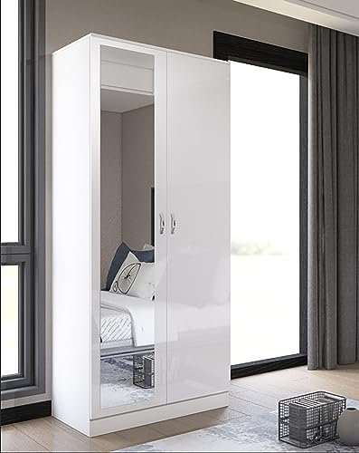 Harmin Mirrorred 2 Door Soft close wardrobe - height 180 cm x width 76 cm x depth 47 cm (White on White)