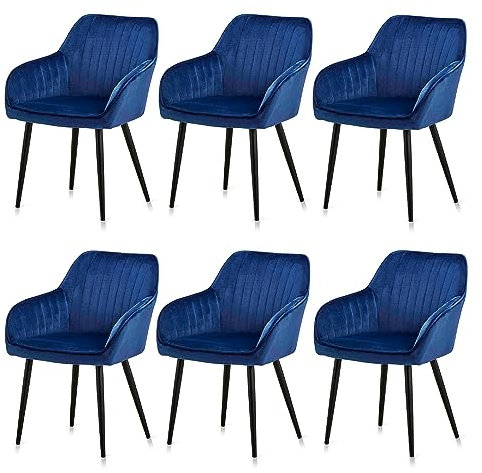 KHG 6er Set Esszimmerstühle Polsterstuhl Küchenstuhl Sessel mit Armlehnen Blau Samt - Metallbeine schwarz, Rückenlehne und Armlehnen gesteppt - Design Stuhl Sitzhöhe 47 cm