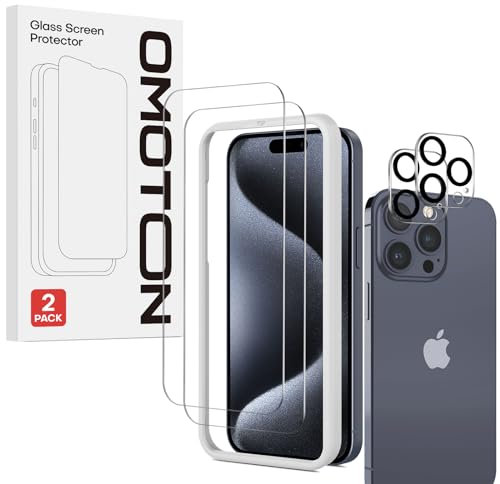 OMOTON Screen Protector for iPhone 15 Pro with Camera Lens Protector, Easy Installation Tool, Premium Tempered Glass Film for iPhone 15 Pro, Anti-Scratch, 9H Hardness, HD Clear, 2+2 Pack