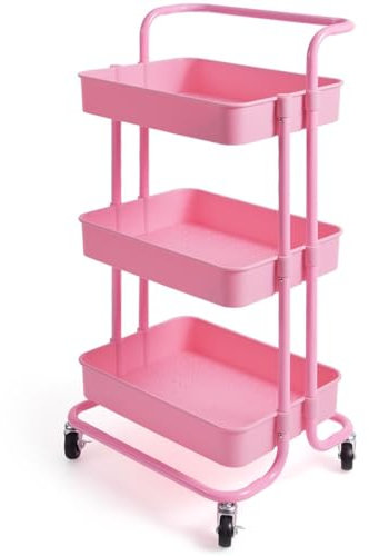 Giantex Carrello portaoggetti a 3 livelli con 3 cestini, carrello da cucina servizio con 4 ruote universali e 2 freni, carrello da cucina per cucina, soggiorno, bagno, 42 x 35 x 87 cm (rosa)