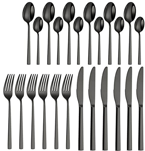 GaRcan Couverts de Table 24 pièces en Acier Inoxydable 304 doré, Argent, cuillère, Couteau, Fourchette, Vaisselle de Cuisine en Acier Inoxydable (Couleur : 24 pièces Noires)