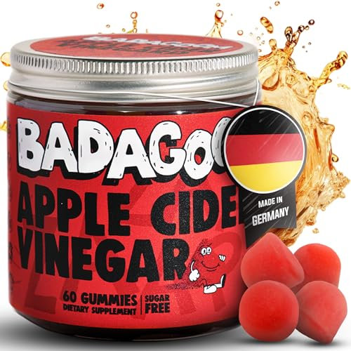 BADAGOOM Apfelessig Gummies 1.000 mg - 60 Stk. Präbiotikum für Darmgesundheit und Entgiftung - Apple Cider Vinegar & Vitamin D3, B6, B12 & Folsäure - Ohne Zucker - Vegan -Gluten Frei -Himbeergeschmack