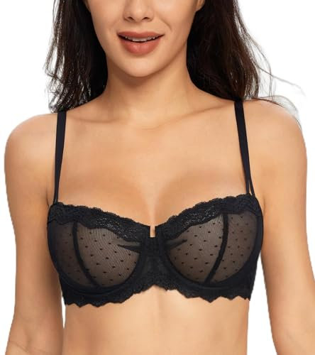 Lemorosy Women's Balconette Push Up Bra Unlined Non-Padded Half Cup Lace Sheer Underwire(Black 32D)