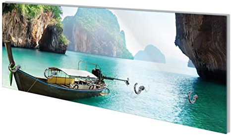 Wallario Wandgarderobe aus Glas in Größe 80 x 30 cm mit Memoboard-Funktion, Motiv: Fischerboot in Thailand blaues Meer und Steinfelsen | 5 Kleiderhaken zum Aufhängen von Jacken