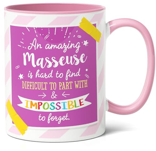Masseuse Gift Mug (11oz) - Gifts for Massage Therapist on Appreciation Day, Wellness Gurus Birthday or Relaxation Specialist - Amazing Masseuse is Hard to Find, Impossible to Forget (Pink)