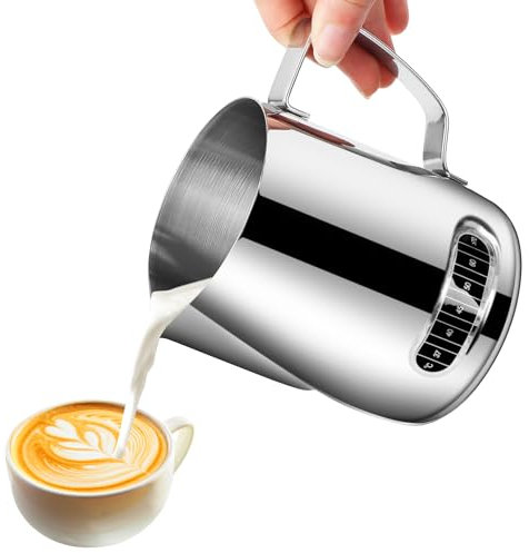 Wvu & Wvo Milchkännchen | 600ML Handheld Edelstahl Aufschäumkännchen | Mit Temperatur Anzeige perfekt | Barista für Milchaufschäumer Cappuccino Milchschaum Cafe Art Aufschäumkännchen