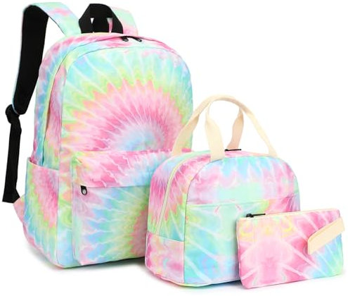 Mimfutu Mochila escolar 3 en 1 para niñas adolescentes, juego de mochila escolar con lonchera y estuche para lápices, Teñido anudado, Large