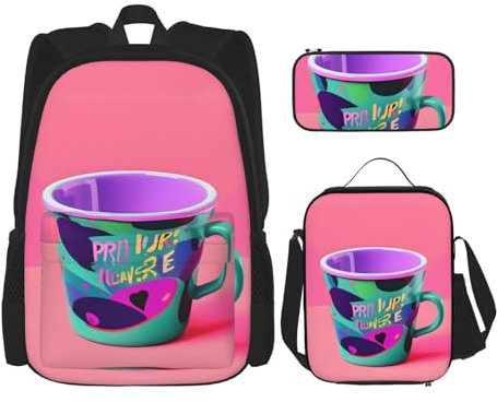 HJLUUFT Praktisches und stilvolles 3-teiliges Schulranzen-Set im 90er-Jahre-Stil, großer Rucksack mit Lunchtasche und Federmäppchen, Rucksack-Set