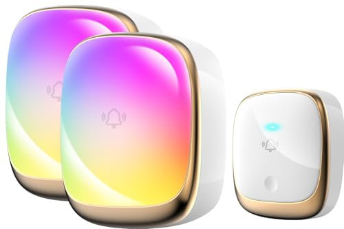 Wireless Doorbell, Self-Powered LED Flash Door Bells Wireless Cordless,Operating at 1000 Feet Long Range with 38 Chimes 4 Volume Levels,IP44 Waterproof Plug in Door Bell Gold B111