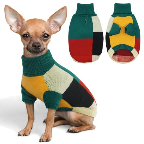 Hjumarayan Dog Jumper, Vintage Dog Jumper Small with Legs, Soft & Warm Sweater with Harness Hole, Colour Blocked Xmas Puppy Jumpers for Chihuahua, Yorkshire Terrier, Green XS