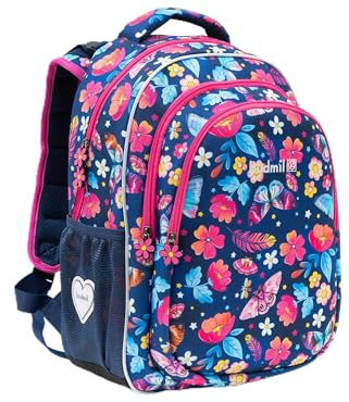 budmil Balbea Schultasche Mädchen 1. Klasse 26L mit Brustgurt - Schulrucksack für Kinder ab Klasse 1. - Wasserabweisend - Rucksack mit 3 Fächer & belüftete Rückseite - ergonomisch & leicht (Butterfly)