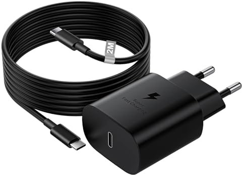 25W Caricatore USB C Rapido per Samsung Galaxy S24 Ultra/S23/S22 Ultra/S21 Ultra/S20/S10/S9/A54 5G/A15, Alimentatore USB C Spina Presa Tipo C Spinotto con 2M Cavo Caricatore per Samsung serie