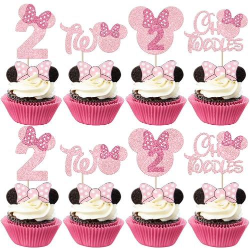 Xsstarmi 24 Pack Pink Bow Mini Second Birthday Cupcake Toppers - Mouse Two Oldes Cupcake Picks for Baby Shower Party Decorations