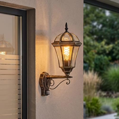 HOFSTEIN lampada da parete per esterni Lavajo, con rilevatore di movimento in metallo/vetro oro/nero/trasparente, design vintage/antico/rustico, giardino, esterno, terrazza, E27, IP44