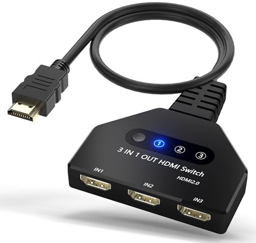 HDMI Switch 3 in 1 Out 4K@60Hz, HDMI Splitter Switcher mit 1.4FT HDMI 2.0 Kabel, 3 Wege HDMI Hub, Multi-Port HDMI Adapter Unterstützt 3D, HDCP2.2, HDR Kompatibel mit Laptop, Xbox, Blu-Ray Player usw.