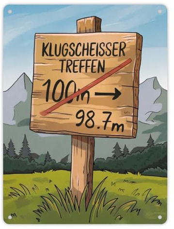Klugscheisser Treffen Metallschild XL in 21x28 cm für Besserwisser Humorvolle Illustration und rote Pfeile auf Holzschild 100m Richtung Besserwisser-Treff