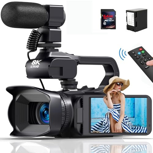 Videokamera 8K 64MP HD Camcorder, WiFi IR Nachtsicht YouTube Kamera Videocameras, 4.0-Zoll Touchscren 18X Digitalzoom Webcam Vlogging Camera mit Mikrofon, Batterie, Handstabilisator und Fernbedienung