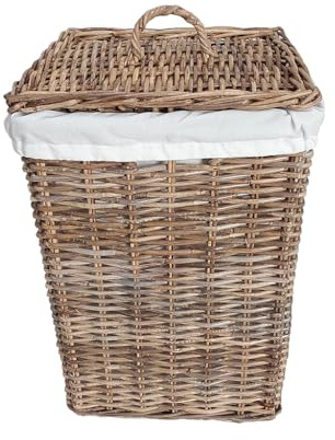 Wicker Laundry Basket with Lid Lined Linen Bin Wash Basket (Large) | Laundry Bin, Cotton Lined, Machine Washable, Removable Lining, Wash Basket, Linen Bin