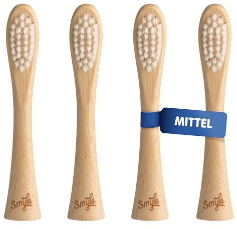SMYLE Schallzahnbürsten-Aufsätze – 4 Stück – Mittlere Borsten – Plaqueentfernung – Schonend zum Zahnfleisch – Fleckenentfernung – Zahnschmelzschutz – Biologisch abbaubar – Ohne Plastikverpackung