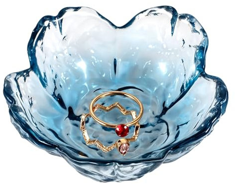 Flower Trinket Dish Glass Jewellery Dish Trinket Tray Unique Birthday New Home Gifts for Women Her Jewellery Tray Ring Dishes Holders Ring Trays for Room Bedroom Rings Earrings Necklace Storage(Blue)