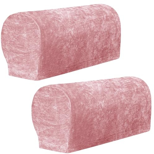 XIEHUZA 1 Pair Chenille Stretch Armrest Covers, Skin-Friendly Arm Covers Protectors for Sofa Couch Chairs Recliner, Non-Slip Armchair Slipcovers with Twist Pins (Rose Pink)