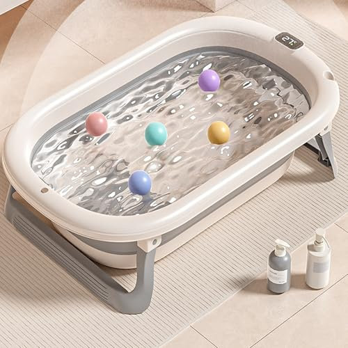Baignoire Pliable Pour Bébé - Avec Bouchon de Vidange & Affichage de la Température & Coussin de Siège - Ultra Compact –pieds Antidérapants-A-43 * 71 * 18,5 cm (gris)