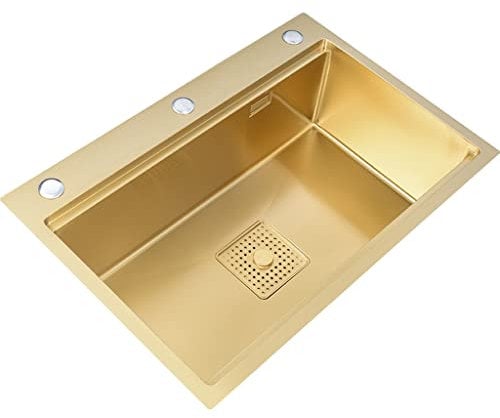 Gold Stainless Steel Kitchen Sink Single Bowl Under mount or Top mount Dishwasher Compatible Includes Drain & Movable Faucet 68x46x22 cm Premium Quality