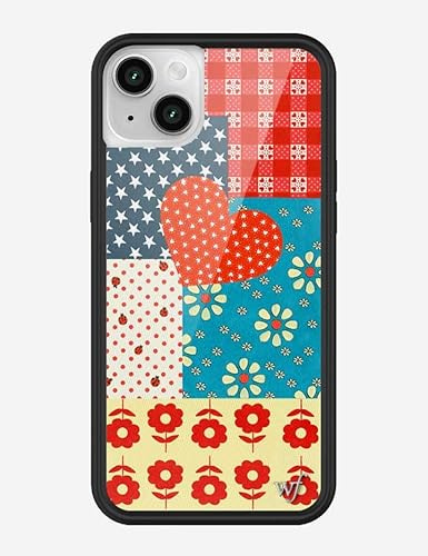 Wildflower Hüllen, kompatibel mit iPhone 13/14, schwarzer Schutzrahmen, 1,2 m Fallzertifiziert, frauengeführtes Kleinunternehmen, Patchwork, rotes Herz, Blaue Blumen, Sterne, ästhetisch, trendig, süß