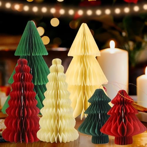 WENAUANG Papier Tannenbaum 6 Set, Weihnachten Dekoration, Dekoaufsteller Weihnachten Tischdeko für Winter Fenster Dekoration 30 cm/20 cm/15 cm, Rot/Grün/Creme