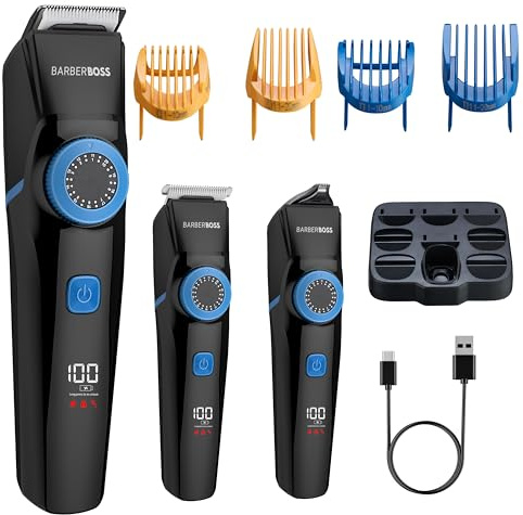 BarberBoss Men’s Beard Trimmer, 3-in-1 Hair, Beard & Detail Trimmer, LED Display, 3 Cutting Heads, USB Charging & Waterproof Design, Rechargeable Grooming Kit with Precision Dial