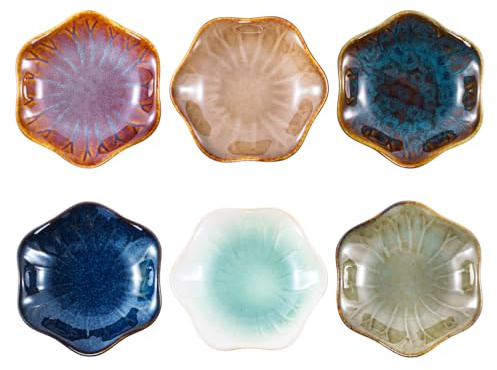Winlauyet Juego de 6 platos de cerámica esmaltada transformada en horno, minicuencos, vajilla, sushi, platos de soja para aperitivos, aperitivos, postres, en forma de flor