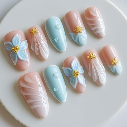 24PCS Blue Island Press On Nails - Blue Floral French Tip Design 3D Starfish Waves, Medium Almond False Nails with Accessory Tools, Fake for Women, Stick On for Four Seasons