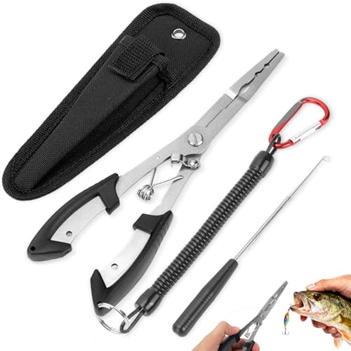 LPZMPZ Tragbare Multifunktionale Angelzange Set mit Hakenlöser | Angelfisch Zange, Hakenzange Lösezange, Abhakzange Fuer Hecht Angeln Fishingpliers aus Edelstahl mit Lanyard