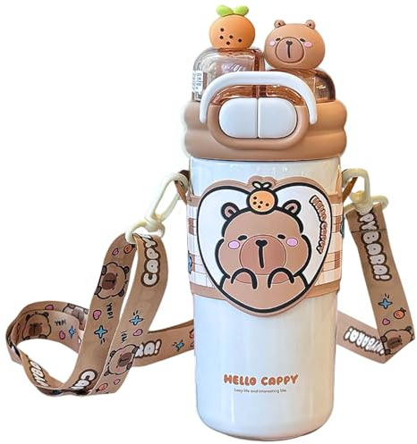 HoveeLuty Capybara Water Bottle, 520ml Stainless Steel Double-Drinking Kawaii Water Bottle with Straw and Adjustable Strap for School Office Travel, Light Brown with Straw Cute