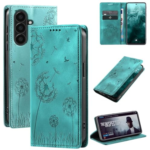 LBH Handyhülle für Samsung Galaxy A36 5G Klapphülle RFID Schutz Kartenfächer Geldfach Design Cover Case Blume Pusteblume Flipcase Türkis