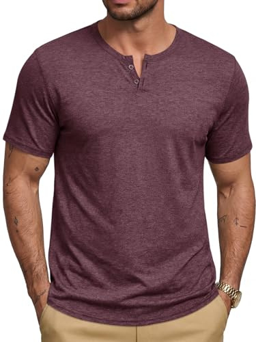 Runcati Camiseta de verano de manga corta para hombre, cuello de pico, monocolor, informal, ajustada, ligera, básica, con botones, borgoña, XXL